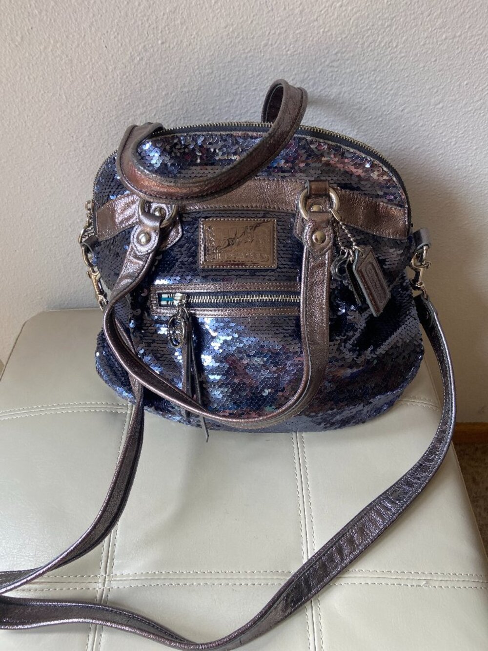 VINTAGE COACH Tote bag Poppy Sequin Leather BLUE Y2K ~AMAZING!